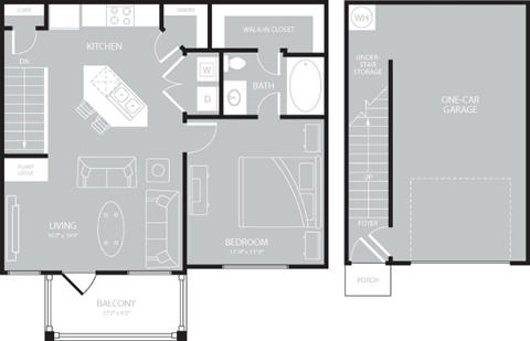 Floor plan for 1 bed, 1 bath, 750 sqft